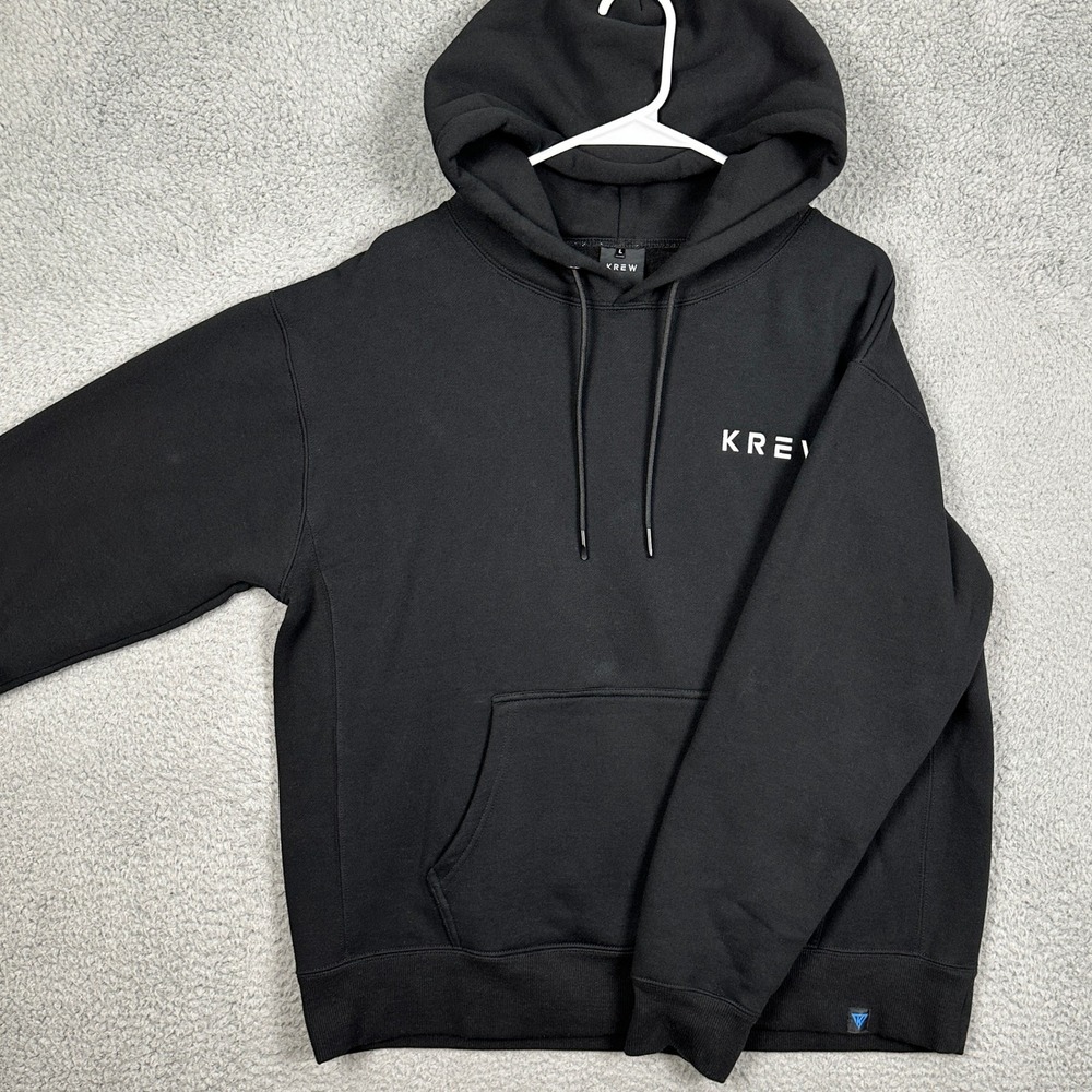 Krew Men Large Sweatshirt‎ Hoodie Black Graphic Drawstring Pocket Pullover EUC